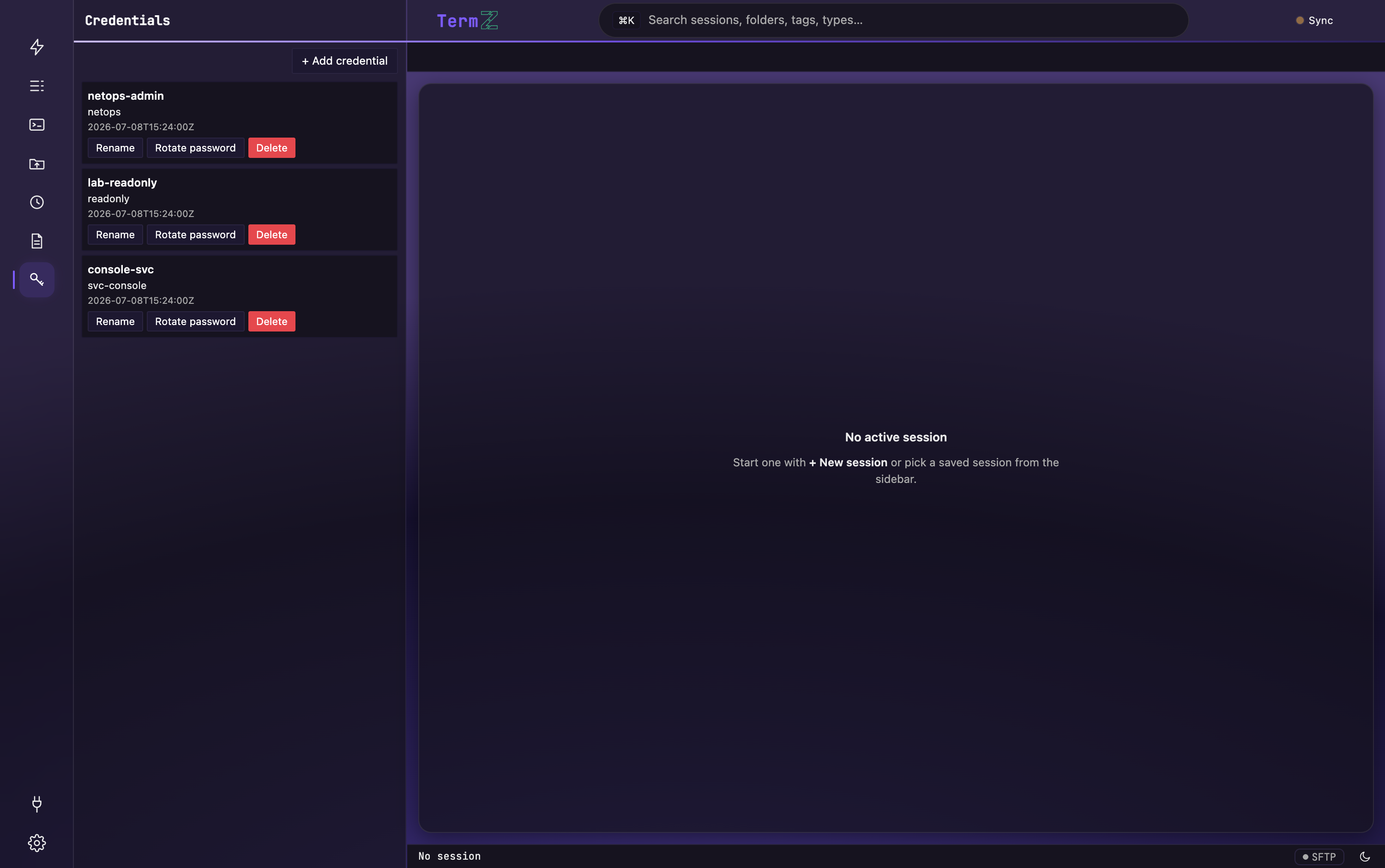 The Credentials view — a library of named credentials shared across sessions.
