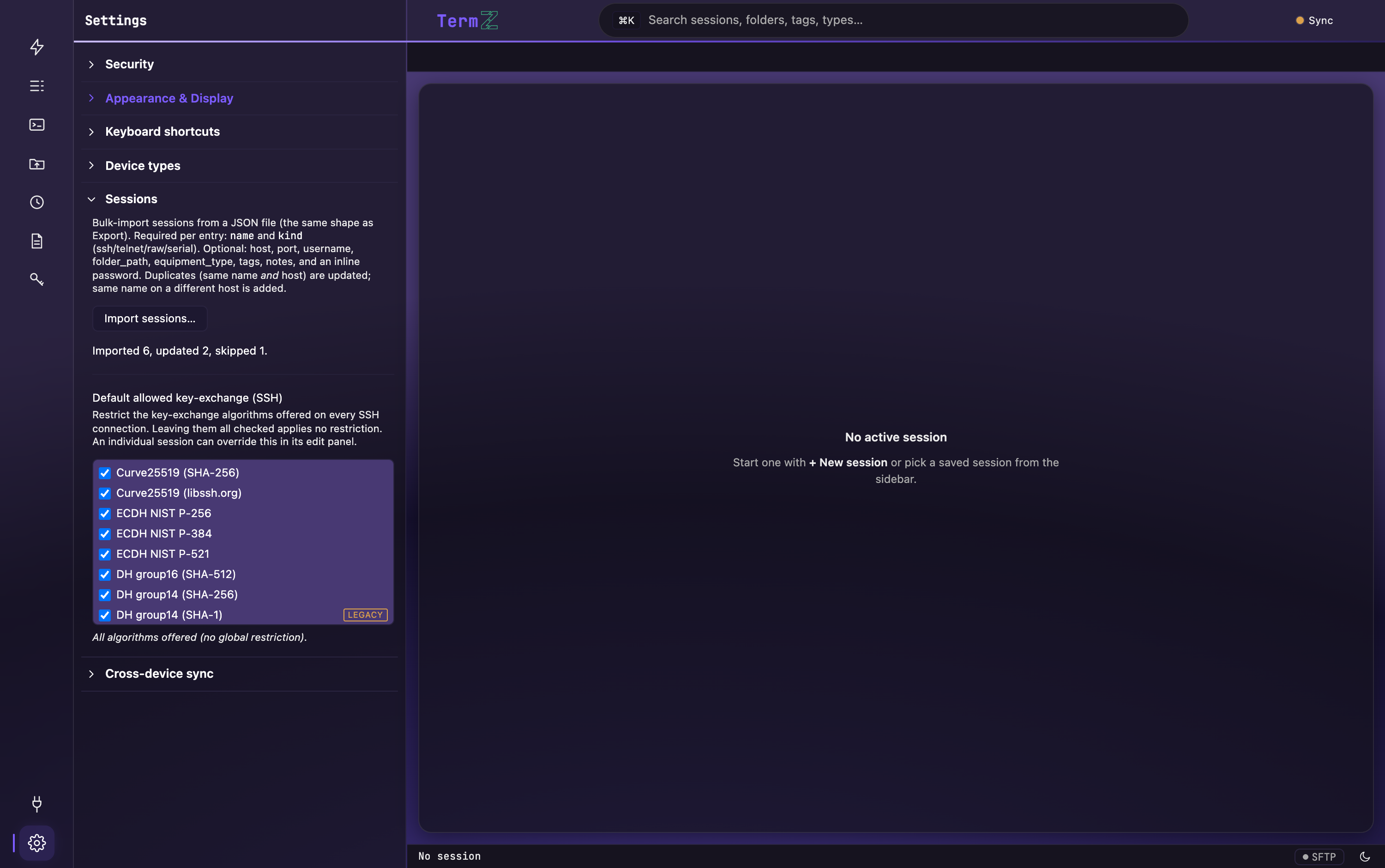 Settings → Sessions: the Import sessions button and the “Imported X, updated Y” result summary.