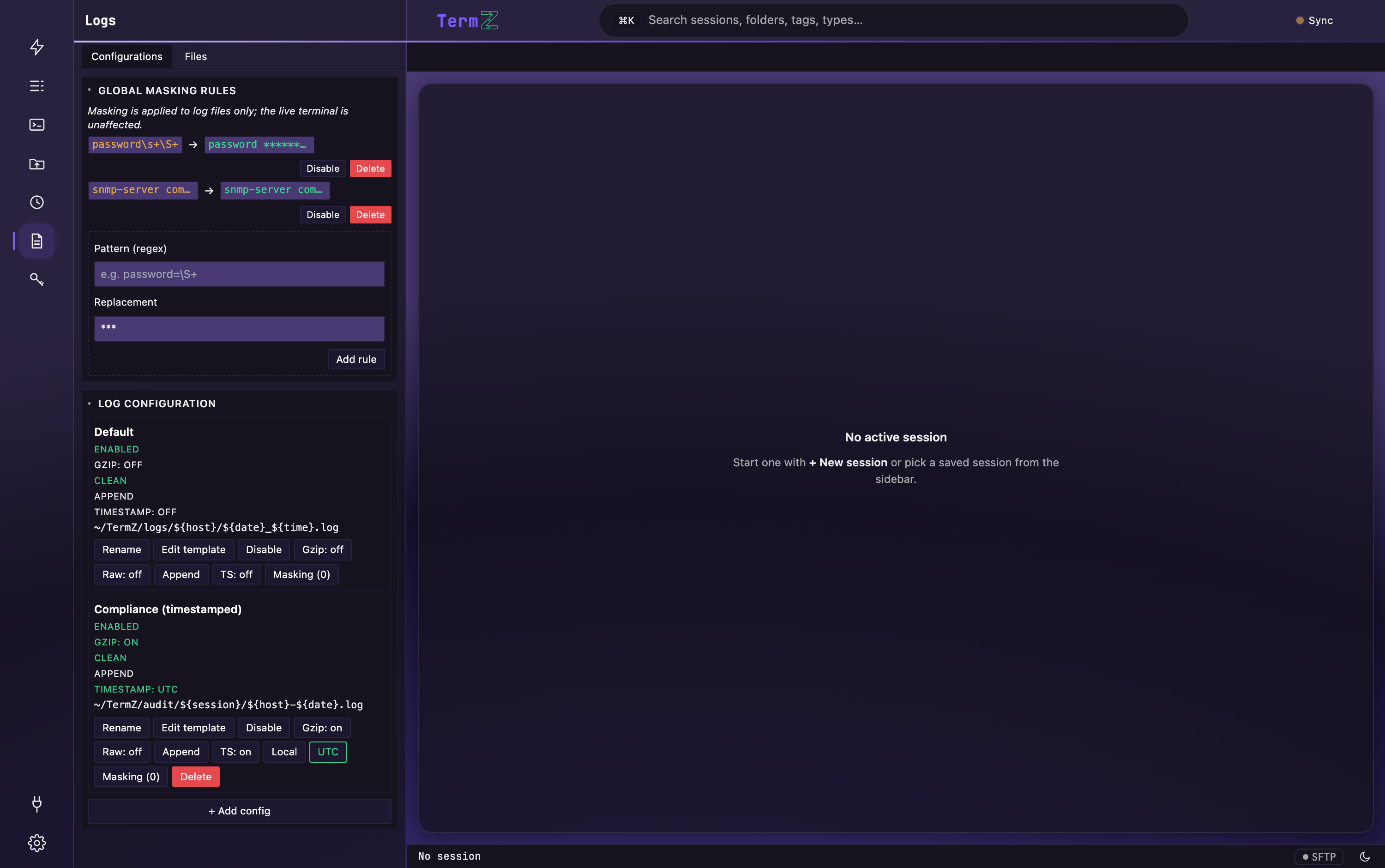 The Log Configuration panel: enabled/gzip/clean/overwrite/timestamp state, the path template, and per-config actions.
