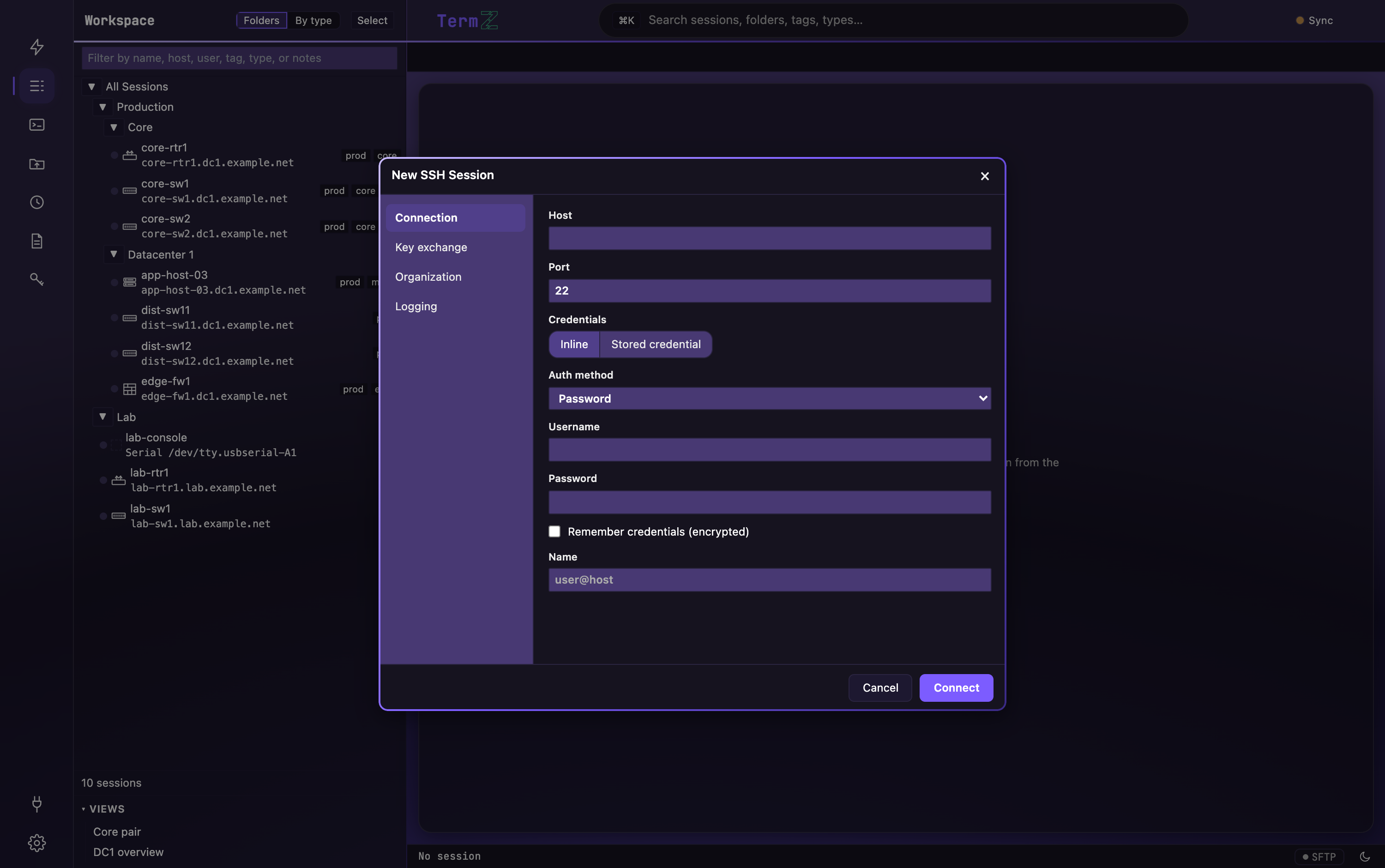 The New session dialog — choose a protocol and enter the host, username, and authentication details.