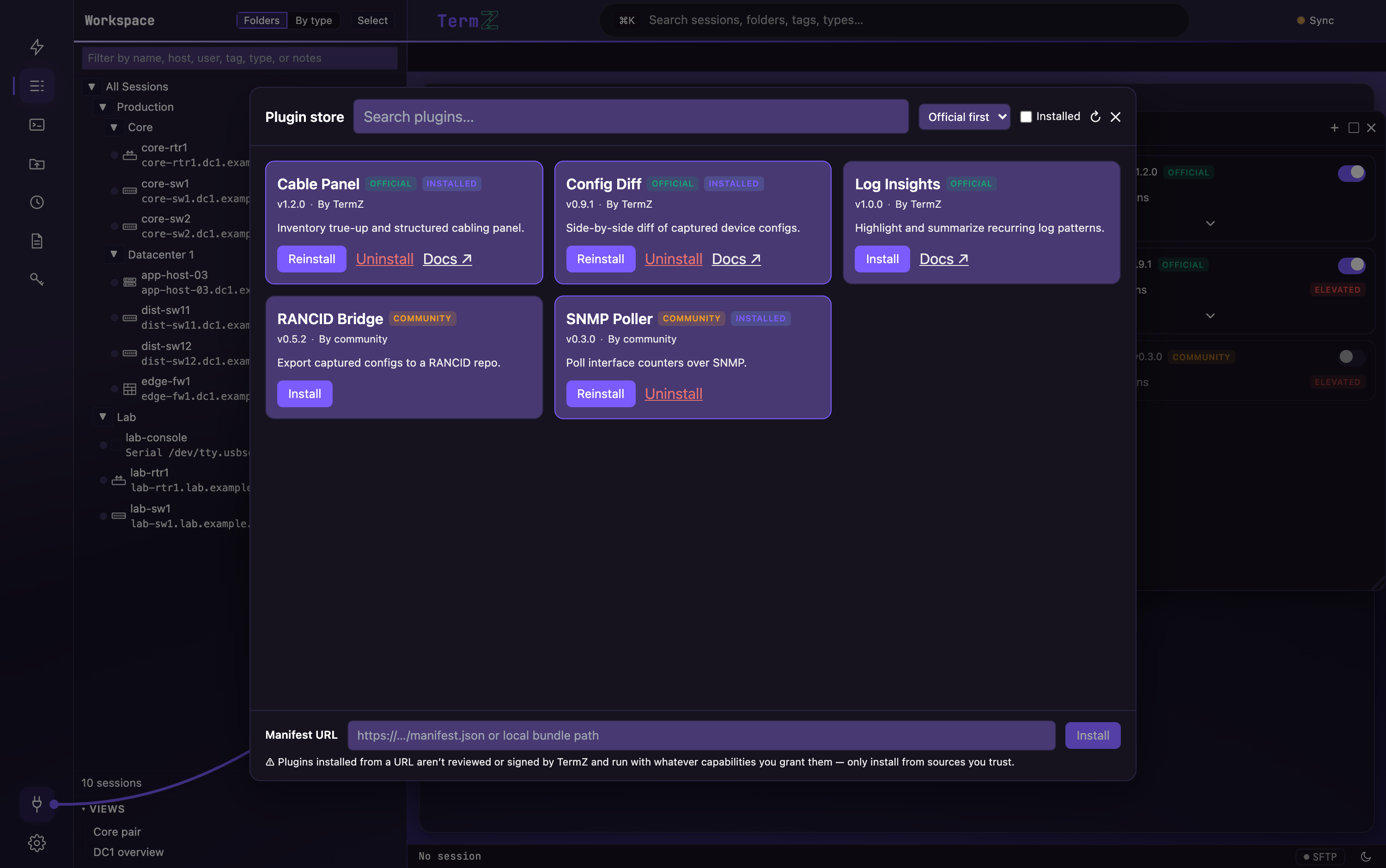 The TermZ plugin store — official plugins with verified badges, plus install controls.