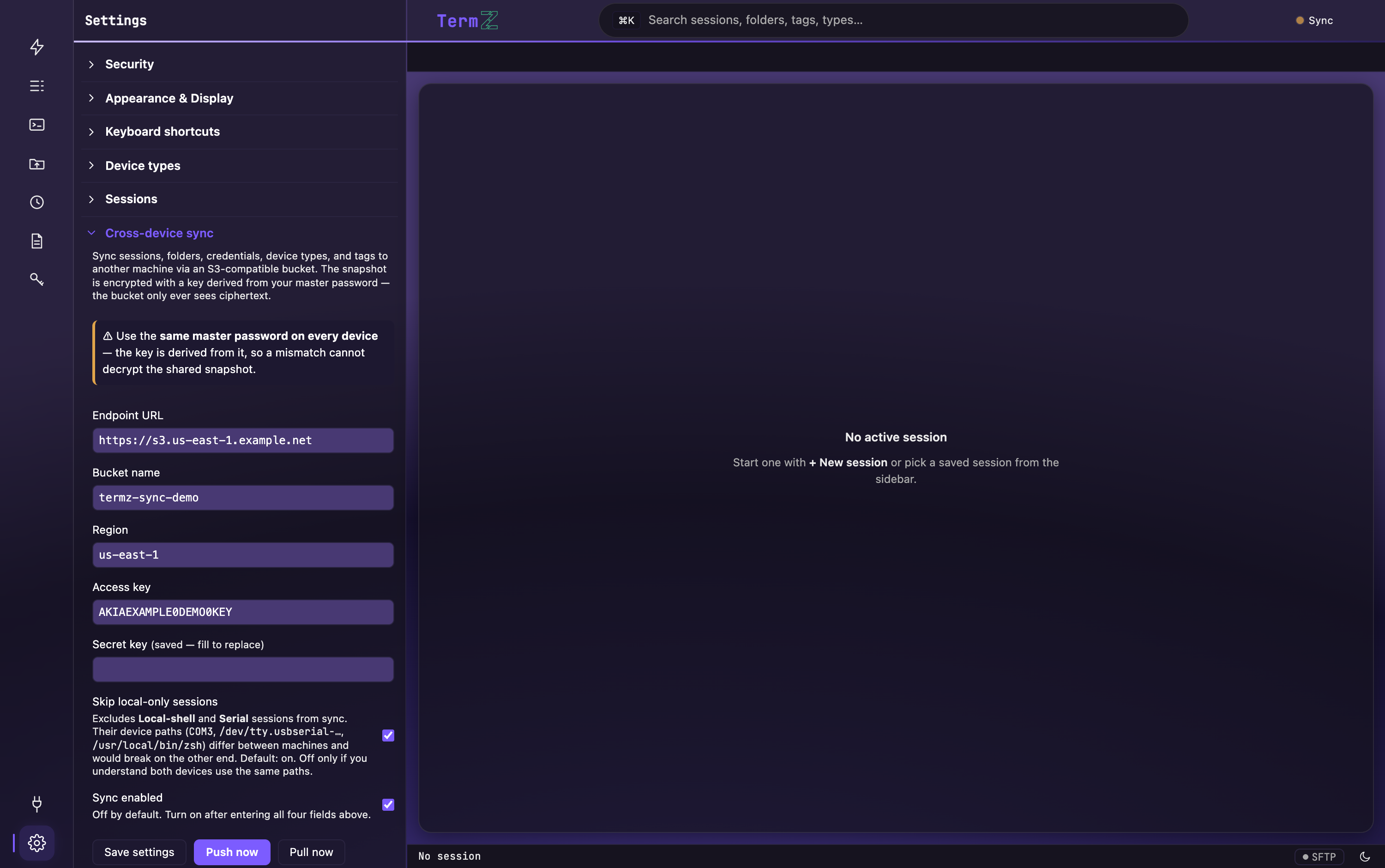 TermZ’s Cross-device sync settings (Settings → Sync): endpoint, bucket, region, keys, and the enable toggle.