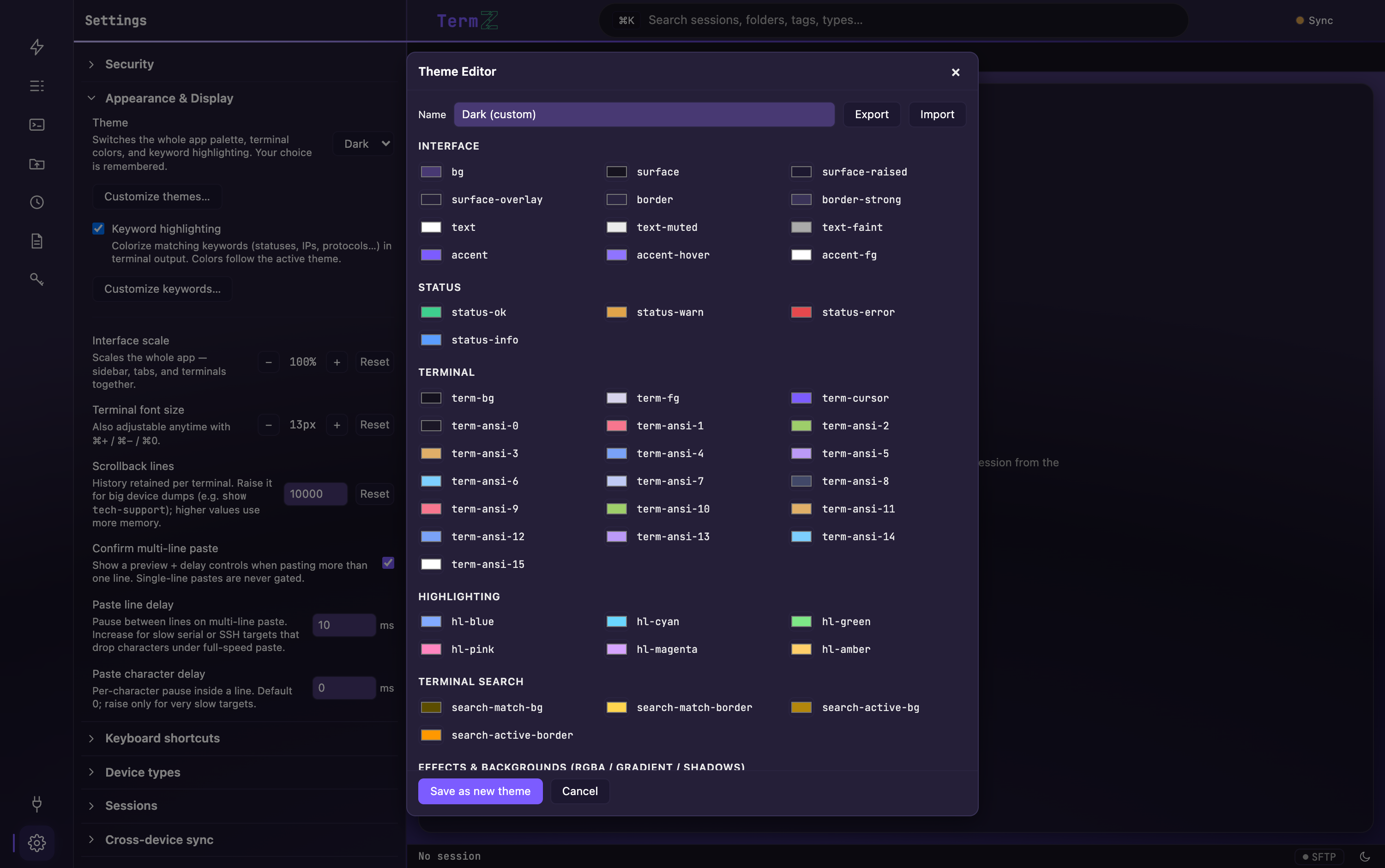 The TermZ theme editor, with Export and Import controls for sharing themes.
